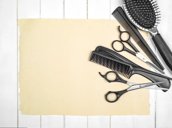 Profesjonalny salon fryzjerski narzędzia na stół szczegół — Zdjęcie stockowe