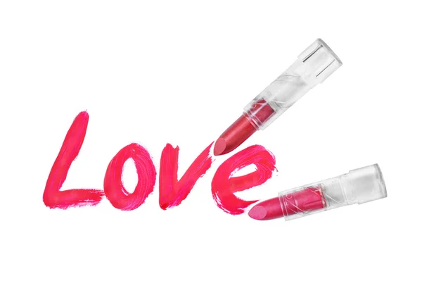 Love words written by red lipstick on white background — Stock Photo, Image