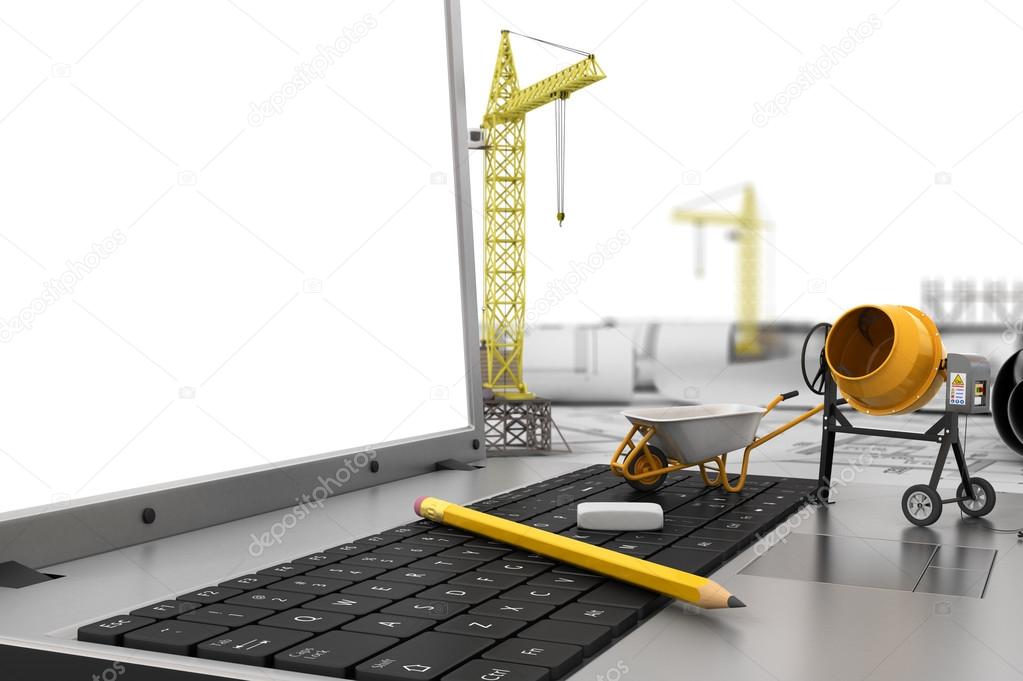 The laptop with empty screen and object for construction. Bluepr