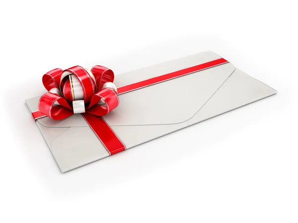 Close up of a white envelope with a red ribbon on a white backgr — Stock Photo, Image