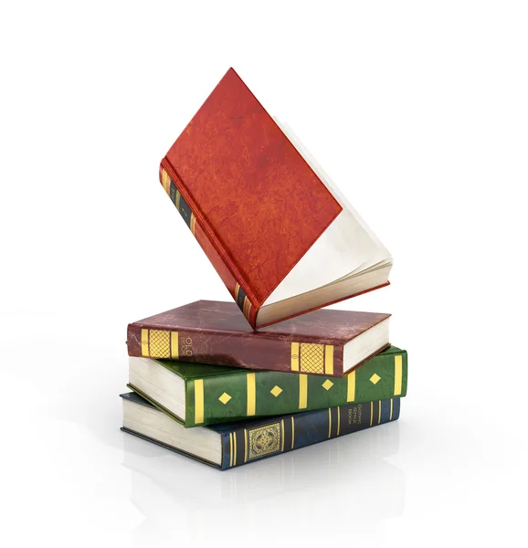3d render of stack old colorful books with one open book on a wh — Stock Photo, Image