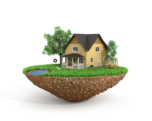 Concept van zoete huis. Huis met op het gras met bomen op de — Stockfoto