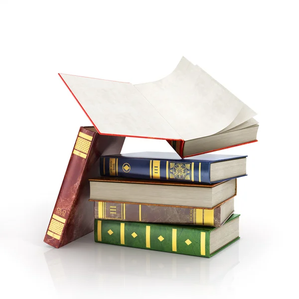 3d render of stack old colorful books with one open book on a wh — Stock Photo, Image