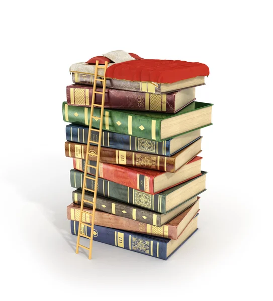 Concept van lezing. Stapel boek met bed op de top van het boek een — Stockfoto