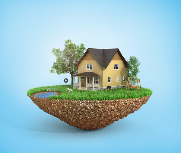 Concept of sweet home. House with on the grass with trees on the