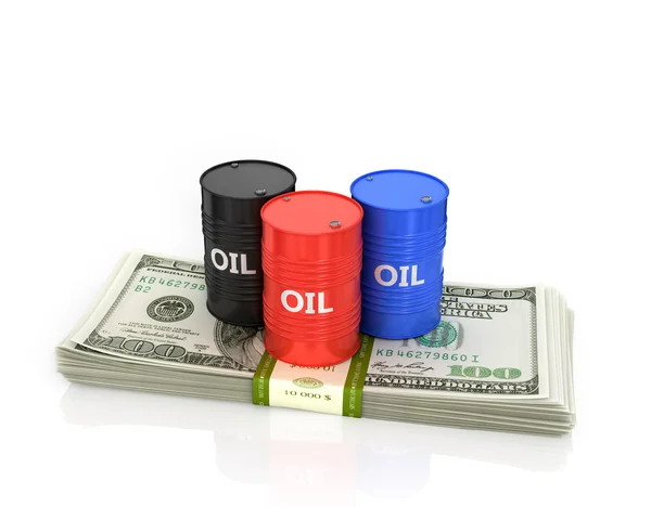 Три барреля нефти на пачке долларов . — стоковое фото