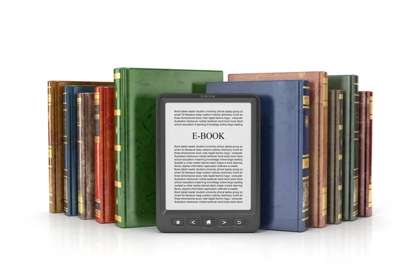 E-Book-Reader mit Stapel des Buches auf weißem Hintergrund. — Stockfoto