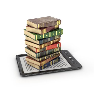 Beyaz bir arka plan üzerinde kitap yığını ile E-kitap okuyucu.