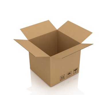 Beyaz bir arka plan üzerine açık boş karton kutu.