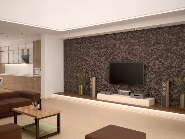 在舒适的房间 o 室内现代家庭影院的 3d 插图 — 图库照片