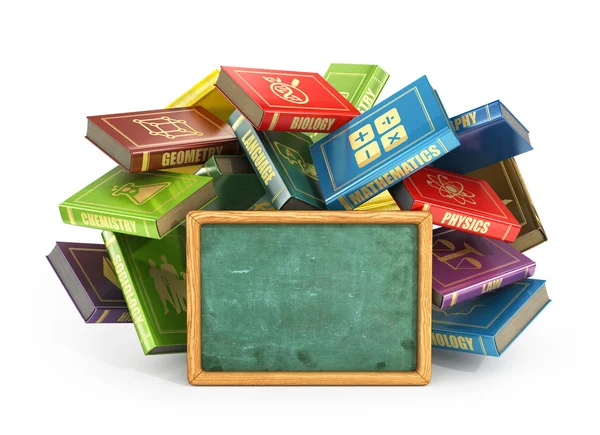 Flying books with empty school blackboard. Concept of school. — Stock Photo, Image