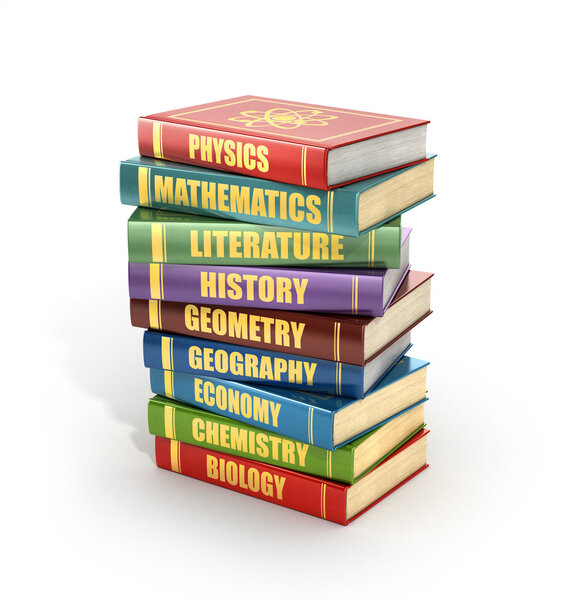 3d render of stack old colorful school books on a white backgrou