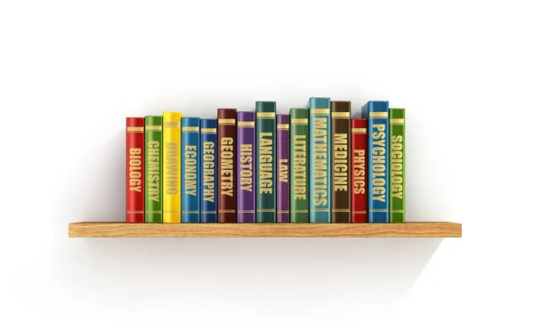 Libri colorati sullo scaffale in legno . — Foto Stock