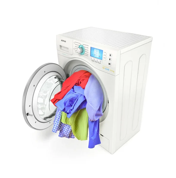 A close up of a washing machine loaded with clothes isolated on — Stock Photo, Image