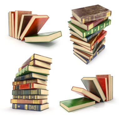 Yığın beyaz bir arka plan üzerinde renkli kitap set.