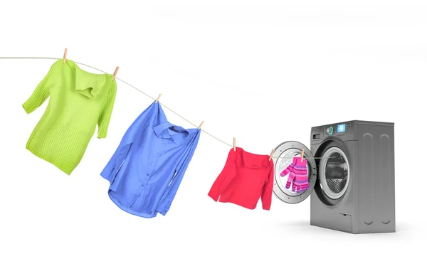 Одежда на веревке со стиральной машиной — стоковое фото