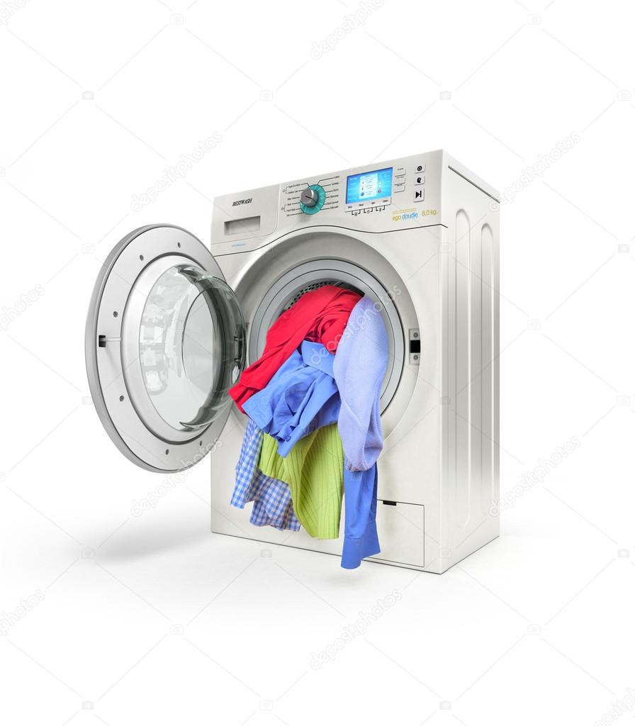Washing Machine Isolated On White, Cleaning Agents And Cloths