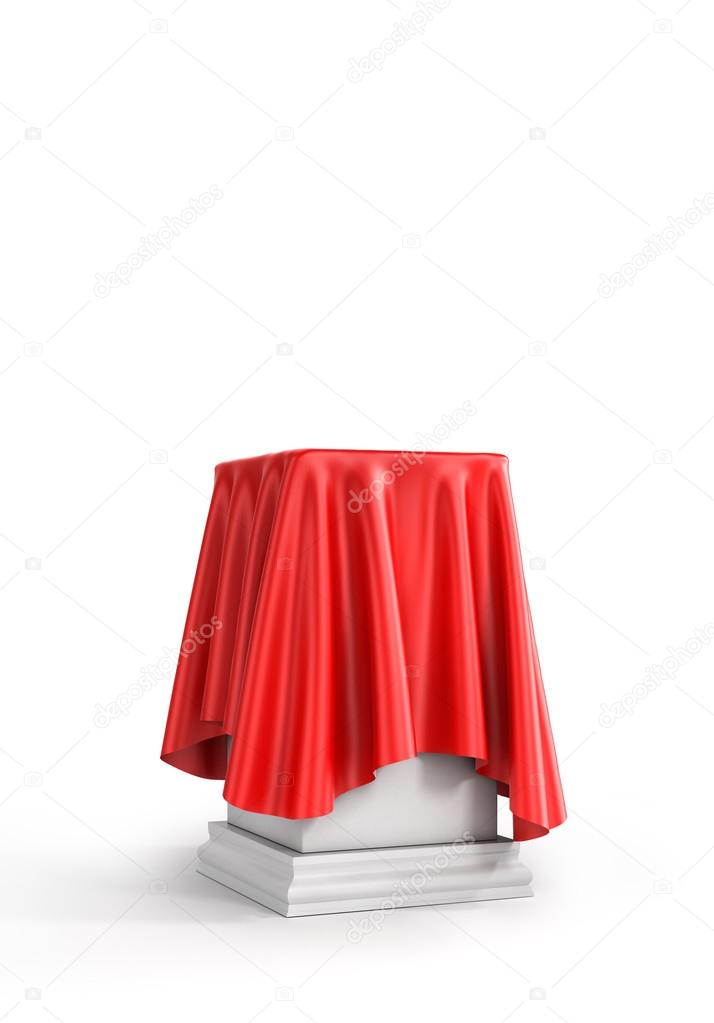 Presentation pedestal covered with a red silk cloth on white bac