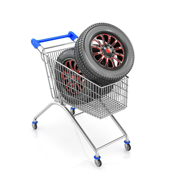Los neumáticos del coche en el carro de la compra, aislado sobre fondo blanco —  Fotos de Stock