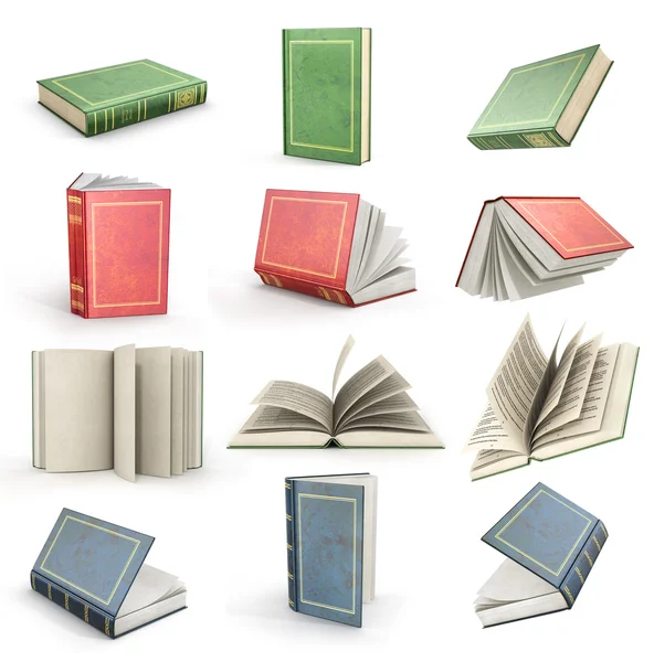 Uçan açık kitap seti. Yeşil, kırmızı ve mavi kitap.
