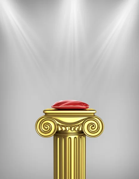 Piédestal colonne d'or avec oreiller rouge et rayons de lumière . — Photo