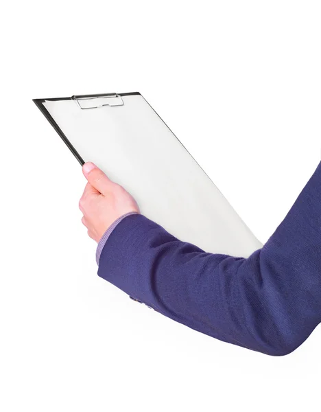 Businessman holding clipboard. Isolated on white background — Stock Photo, Image