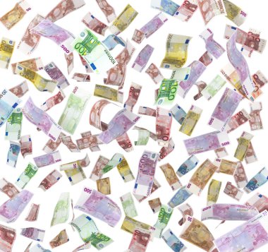 Beyaz arka plan üzerinde izole havada uçan euro banknot