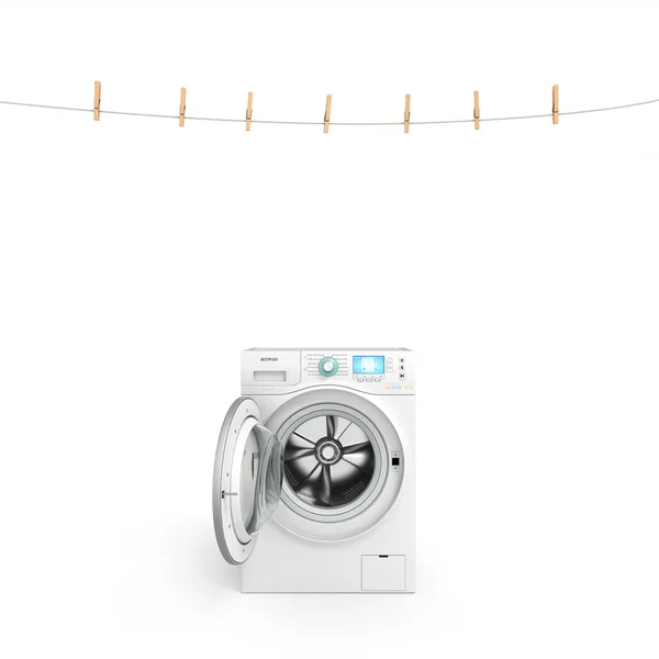 Rep med klädnypor hängande på öppna tvättmaskinen — Stockfoto