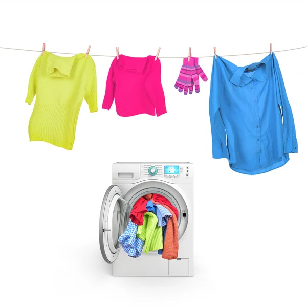 Bir ip bir çamaşır makinesi ile elbise — Stok fotoğraf