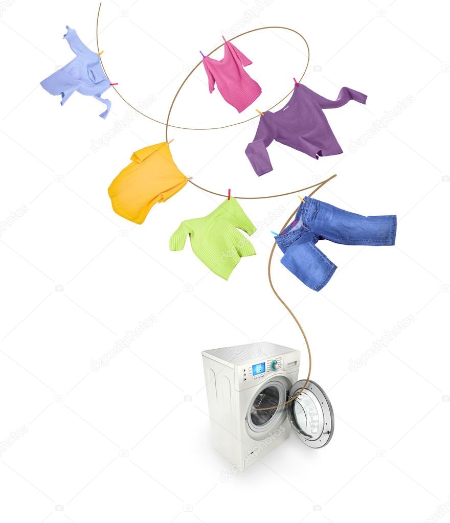 Clothes hanging and washing machine isolated on white background