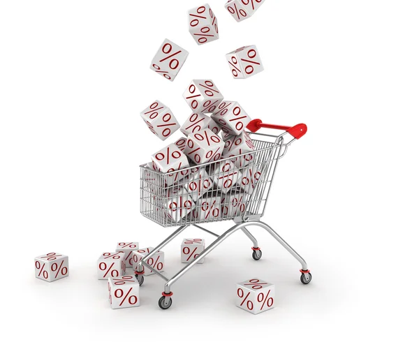 Discount concept. Shopping trolley and white cubes with percent — Stock Photo, Image