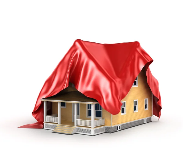 Concept van huis. Rode doek op het huis vallen. — Stockfoto
