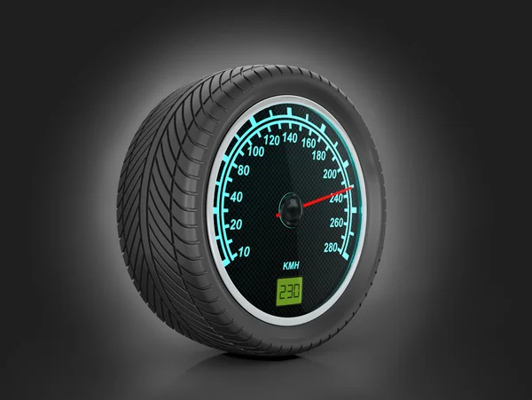 Speedometer in car wheel on a black background. — Stock Photo, Image