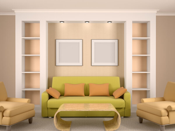 3d иллюстрация яркой внутренней комнаты с нишами и фреймворком
