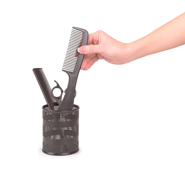 Hairdresser holds scissors and hairbrush for haircut — Stock Photo, Image