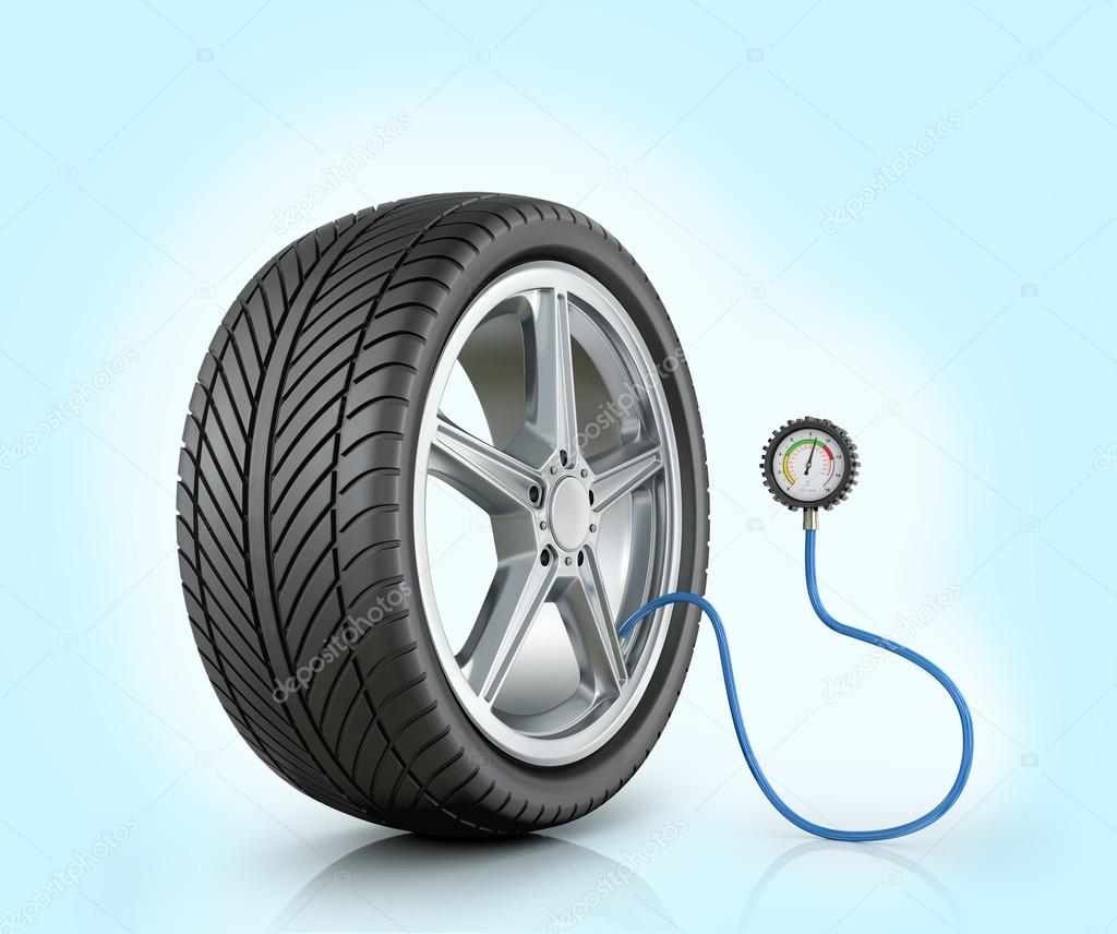 Automotive wheel with a pressure sensor on a blue background.