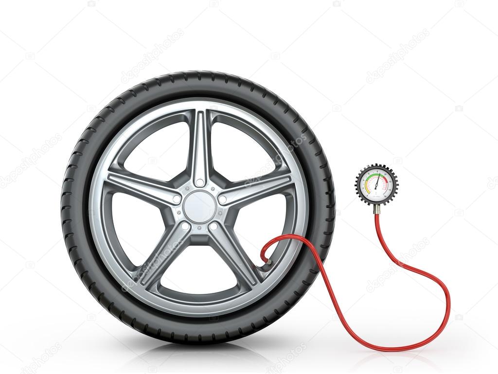 Automotive wheel with a pressure sensor on a white background.