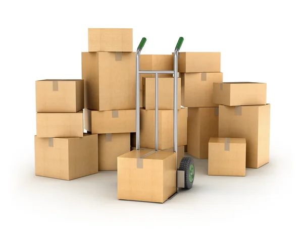 Hand truck with a Pile of cardboard boxes. Part of warehouse and — Stock Photo, Image