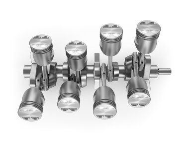 V8 motor piston üst görünümünde. 3D görüntü.