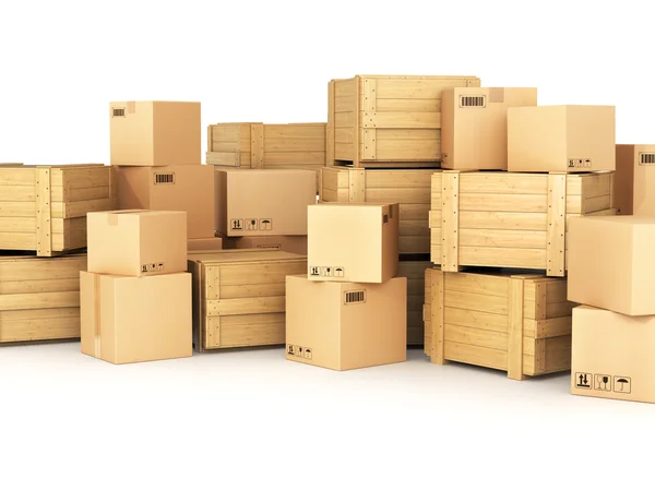 Cardboard and wooden boxes isolated over white background — Stock Photo, Image