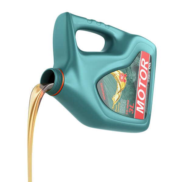 Pouring engine oil from its plastic container. Motor oil