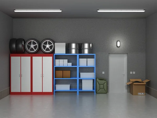 Інтер'єр заміського гаража з колесами і коробками . — стокове фото