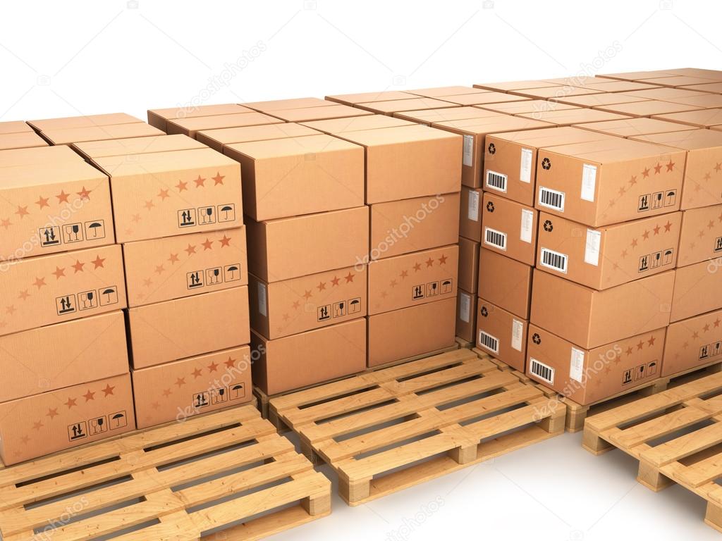 many boxes stacked on pallets and empty trays next to them are i