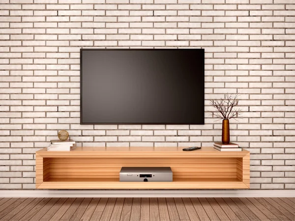 3d ilustración de TV plana con pedestal en el interior — Foto de Stock