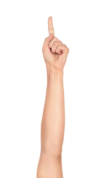 男性の手を指しているのクローズ アップ。白い背景に分離 — ストック写真