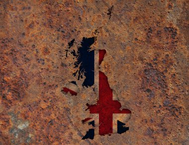 Harita ve Büyük Britanya bayrağı paslı metal,