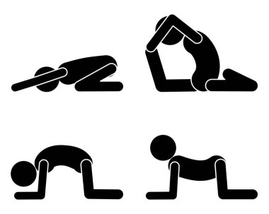 Beyaz arkaplanda çeşitli yoga pozları gösteriliyor