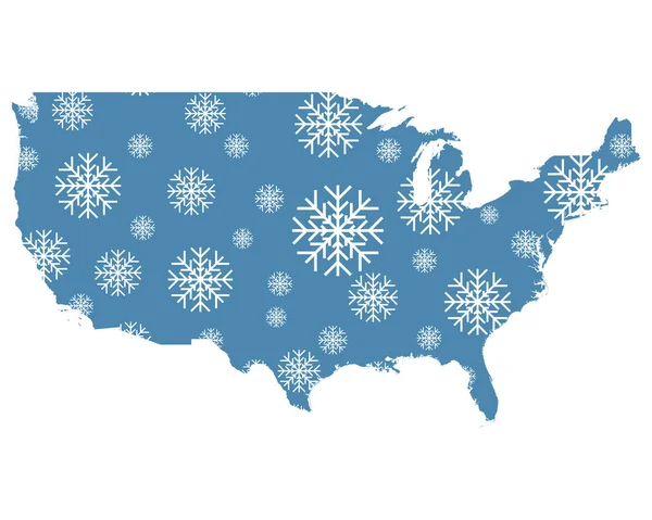 Mapa Los Estados Unidos Con Copos Nieve — Vector de stock
