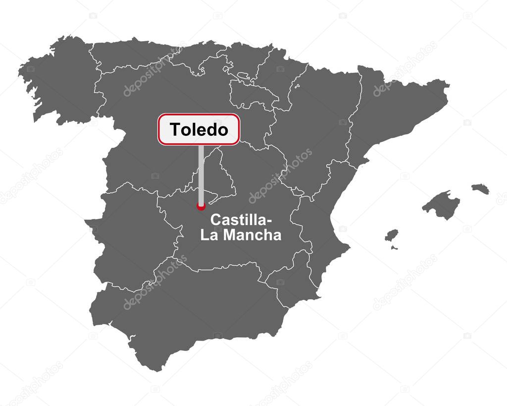Place name sign Toledo at map of Spain