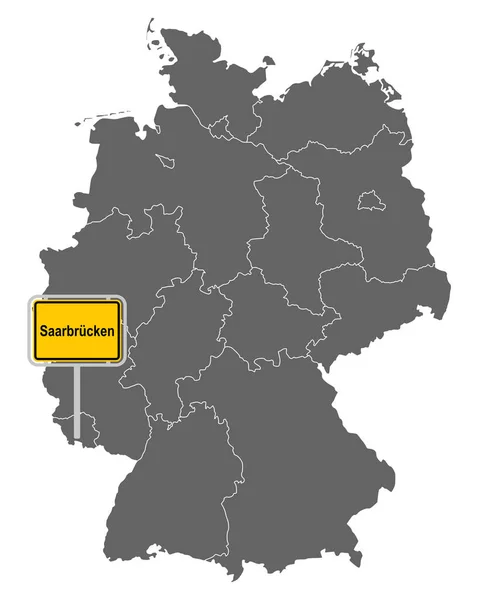 Mappa Della Germania Con Cartello Stradale Saarbruecken — Vettoriale Stock